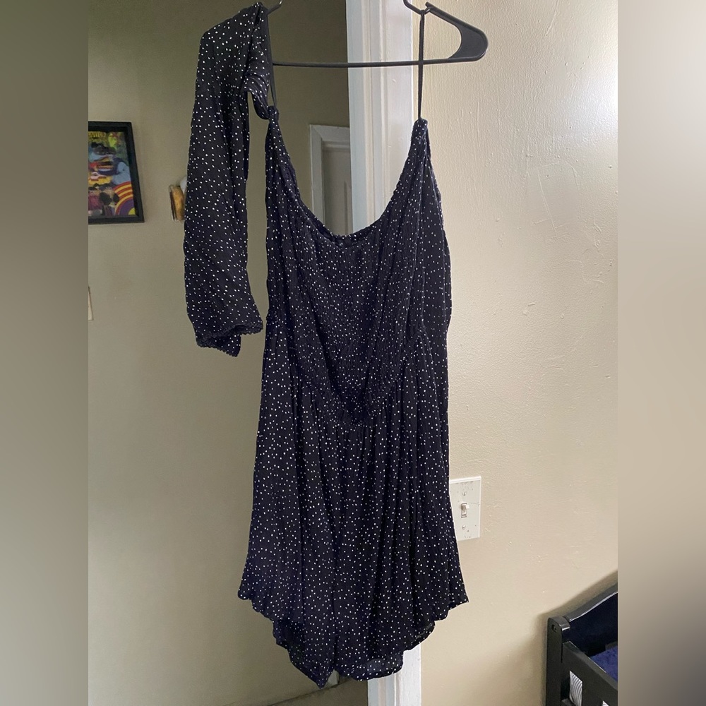 Ashley Stewart off the shoulder polka dot romper with sleeves and pockets, 2X